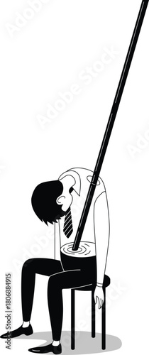 Minimalist black-and-white conceptual illustration depicting an exhausted drunk man slumped on a chair with a large cocktail straw passing through his torso.