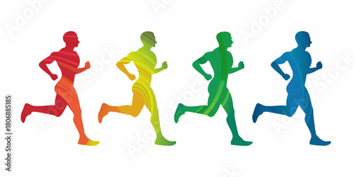 Colorful running man silhouettes in a row on white background