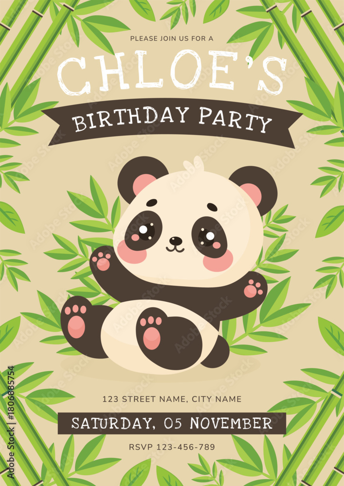Fototapeta premium Cute Panda Bear Kids Birthday Party Invitation Card Bamboo Frame.