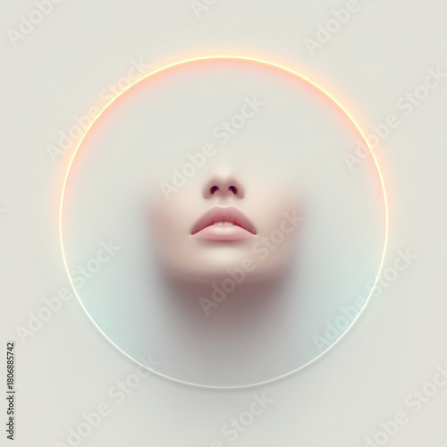 3D rendering of female face emerging through glowing ring in surreal style, pastel colors, beauty and technology concept