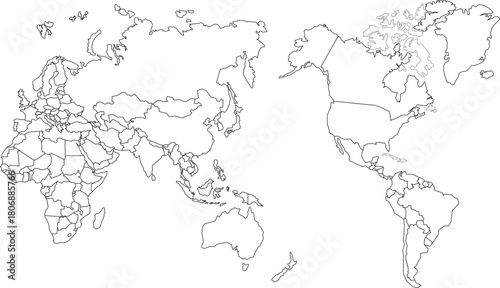 Simple outline of world map on transparent background