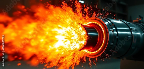 Powerful jet engine exhaust blasting forth, intense heat visible, technology, fiery
