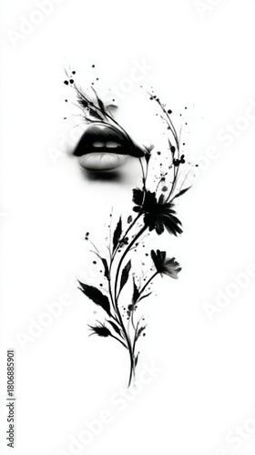 Abstract portrait of woman's lips blended with wild flowers in ink wash style, black and white, nature and beauty fusion