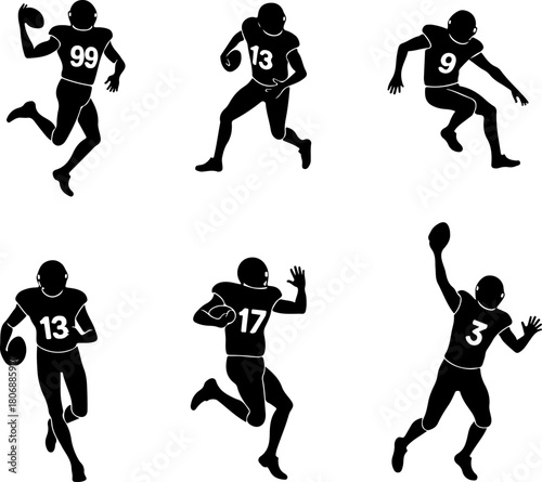 American Football Player Running Silhouette Set