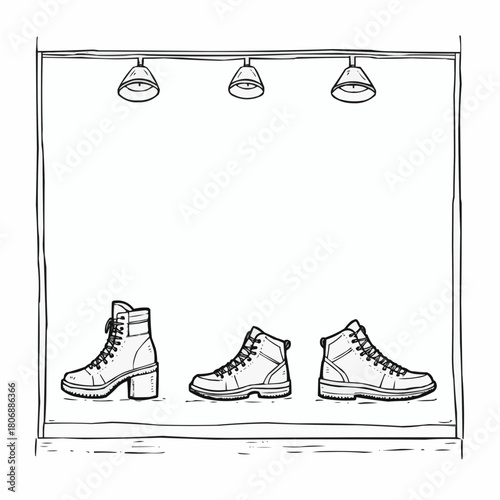 Shoes display window showing sneakers and boots under spotlights in sketchy doodle style  