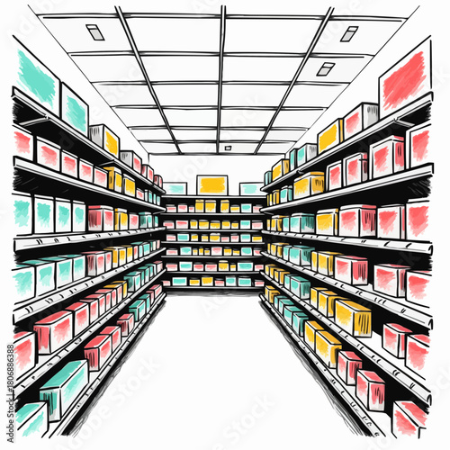 Sketchy doodle style featuring colorful store shelves under bright lights  