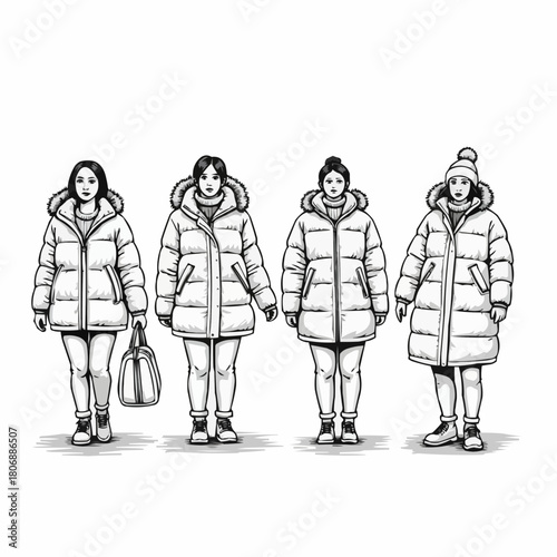 Women trying on puffy jackets in sketchy doodle style with bold outlines  