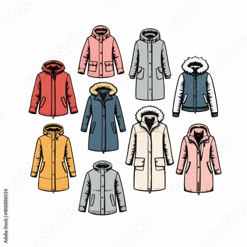Winter coat sale showing variety of colors and fabrics in sketchy doodle style  