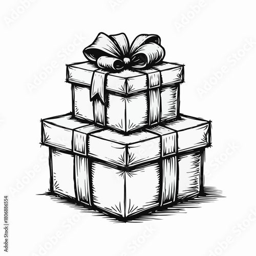 Stacked gift packages with ribbon in sketchy doodle style  