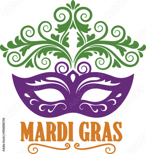 Mardi gras carnival mask and crown icon with festive design.