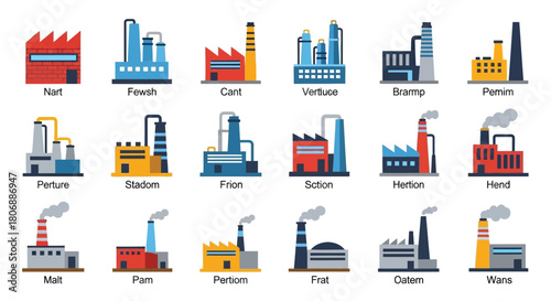 Colorful illustration depicting a variety of industrial factory buildings with smokestacks