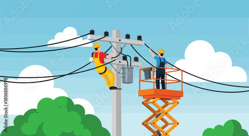 Linemen working on high voltage power lines with aerial lift equipment