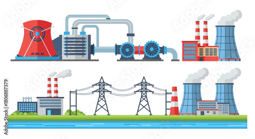 Industrial landscape depicting power plants pipelines and electricity transmission systems