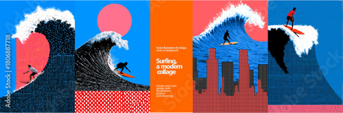 Vibrant surfing collage with bold waves, urban silhouettes, halftone textures, and dynamic surfers. A modern pop art vector perfect for sport posters, summer themes, and creative designs.
