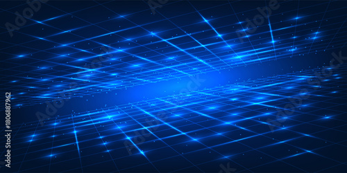 Quantum Computing Abstract Technology Background, Grid Squares with Light Trails, Digital Network, Data Processing, Futuristic Tech Concept, Vector Illustration