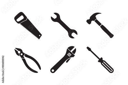 Collection of silhouetted hand tools on a white background