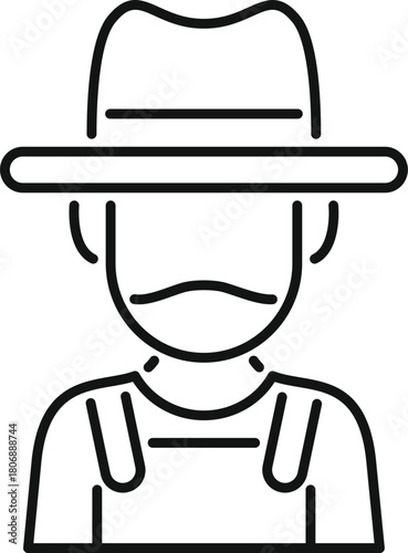 Simple line drawing of a farmer wearing overalls and a hat, representing agriculture and farm life