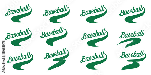 Baseball swoosh font vector set, underline curve swash text tails, vintage brush wave and swirl ornaments, curly alphabet letters, varsity stroke decorations, typography graphic design elements