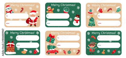 Set of blank templates for Christmas personalized gift labels and stickers. Design "from and to." Santa Claus and snowman, Christmas tree and elf, sock and mitten. Vector illustration.