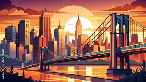 Very beautiful view of the Brooklyn Bridge spanning across the East River with downtown New York City in the background, bathed in the warm golden hues of a stunning sunset, highlighting architectural
