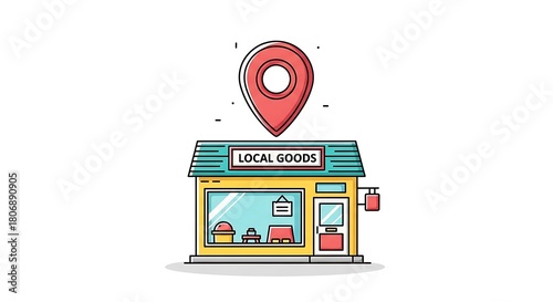 Fototapeta Naklejka Na Ścianę i Meble -  Illustration of a local goods store with a map pin above, isolated on white background, showcasing small business and community shopping with a modern, minimalist design