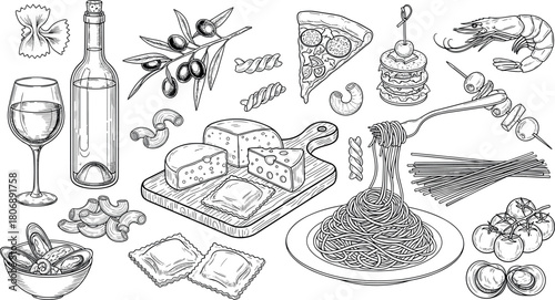 A delectable black and white sketch of gourmet foods for culinary and gastronomy themes