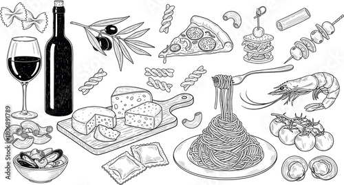 A Diverse Italian Food Still Life with Pasta, Wine, and Seafood