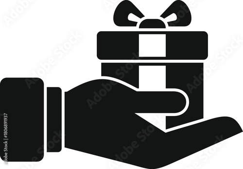 Giving a gift, hand holding a gift box with a ribbon, present, surprise, birthday, christmas, icon