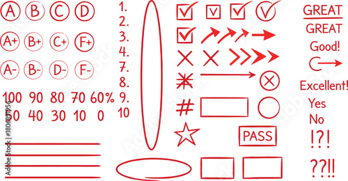 Comprehensive set of red evaluation and grading marks, including academic scores, checkmarks, crosses, arrows, and various feedback symbols, essential for educational assessments