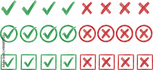 A collection of hand-drawn green checkmarks and red cross marks. This set includes symbols inside circles and squares, featuring a watercolor brush stroke texture