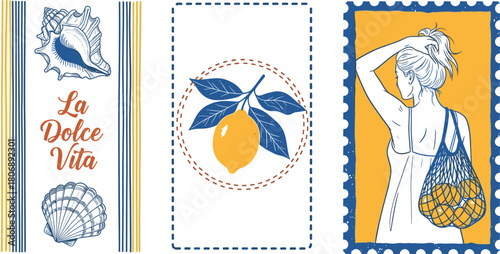 La Dolce Vita Lemon and Seashells Illustration Collection with Woman Carrying Oranges in Mesh Bag