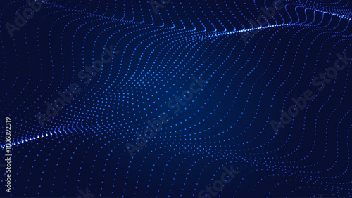 Wave of flowing particles on a dark background. Abstract backdrop with dynamic elements of waves and dots. Vector