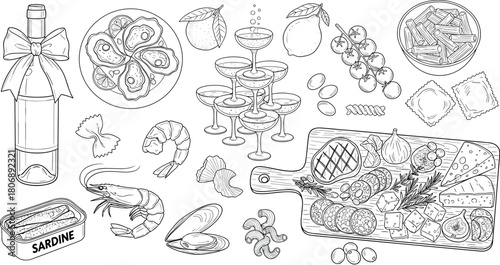 A delightful spread of gourmet food and drinks, featuring seafood, cheese, fruit, pasta, and champagne for a celebratory occasion