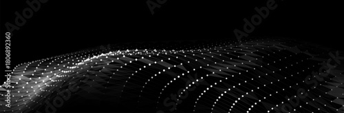 Wave of flowing particles on a dark background. Abstract backdrop with dynamic elements of waves and dots. Vector