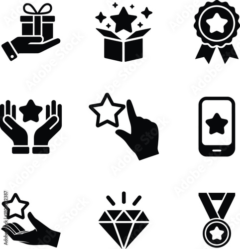 Collection of loyalty program icons isolated on, representing rewards and benefits
