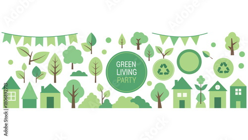 Green living party elements isolated on white background