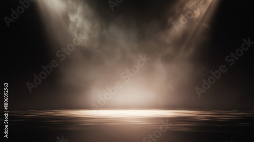 A dramatic stage illuminated by a smoky spotlight, creating an atmospheric and moody scene. event programs, museum guides, designed for cultural heritage projects and event programs.