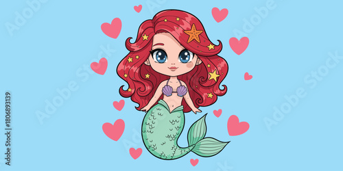 Cute mermaid cartoon, red hair, starfish accessory, heart background, fantasy theme, kids design, flat vector illustration