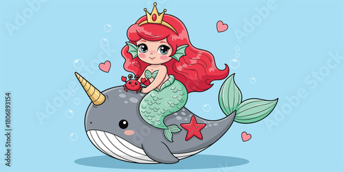 Cute mermaid cartoon, red hair, golden crown, narwhal ride, underwater scene, fantasy theme, kids design, flat vector illustration