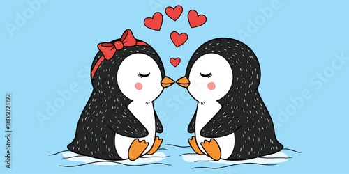Cute penguin couple cartoon, love theme, red hearts, ice scene, affectionate pose, kids design, flat vector illustration