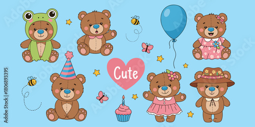 Cute teddy bears, cartoon animals, festive costumes, birthday celebration, kids party, whimsical design, pastel background, bees, butterflies, cupcake, flat vector illustration