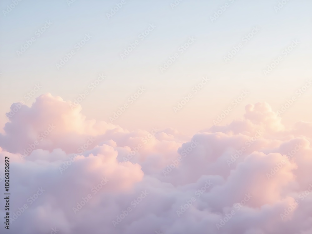 Fototapeta premium Soft pink and purple clouds drift across a pale sky, creating a dreamy and serene atmosphere.