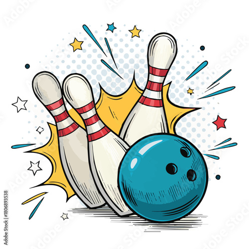 Bowling ball hitting pins in a fun sport illustration