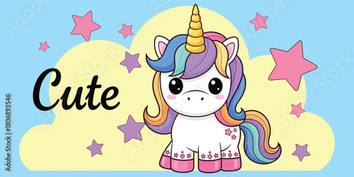 Cute unicorn cartoon, pastel mane, golden horn, floral accents, cloud background, kids fantasy theme, flat vector illustration