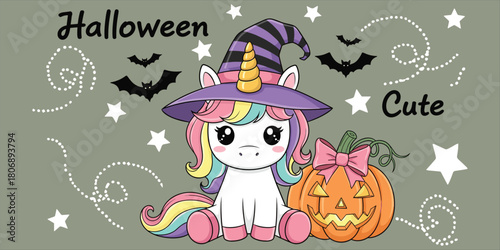 Halloween unicorn, cute witch, rainbow mane, pumpkin with bow, bats and stars, magical creature, spooky fun, festive cartoon, flat vector illustration