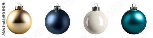 Set of gold navy white and turquoise Christmas ball ornaments, isolated on transparent background
