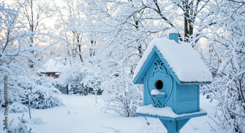Snow-covered blue birdhouse in winter garden surrounded by trees  