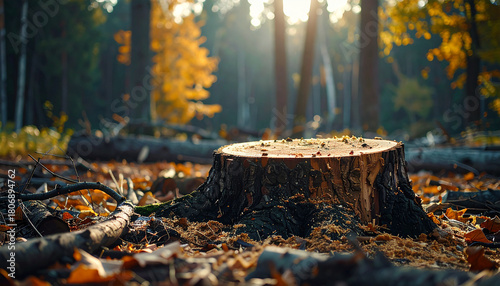 Fototapeta Naklejka Na Ścianę i Meble -  Tree stump in forest, sawdust and fallen branch, timber harvesting scene. Natural blurred landscape