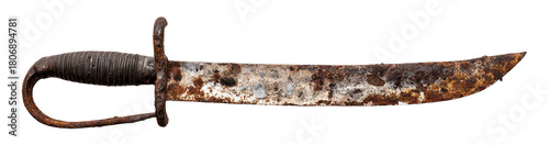 Broken rusty sabre with oxidized blade, isolated on transparent background, antique cavalry weapon, sharp photographic detail