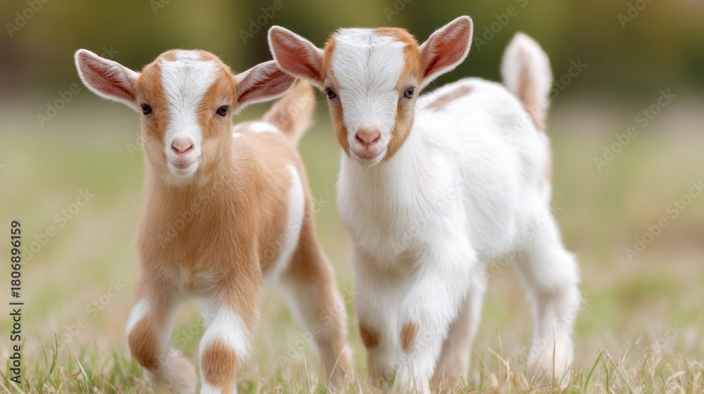 Obraz premium Two playful goat babies wander through a lush green field under the warm summer sun, their soft fur glistening. They bounce with energy, enjoying their vibrant surroundings